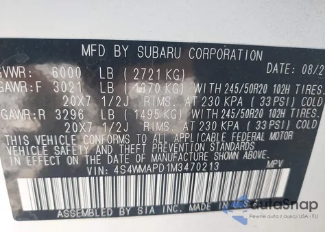 2021 Subaru Ascent Limited из США, поврежденный, VIN 4S4WMAPD1M3470213